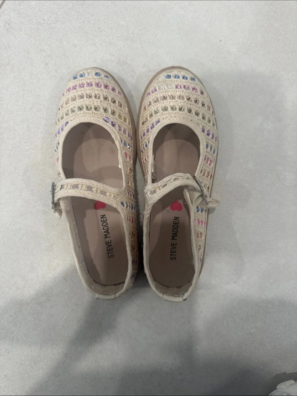 Steve Madden Kids Cream Mary Jane Flats with Pastel Multi-Accent